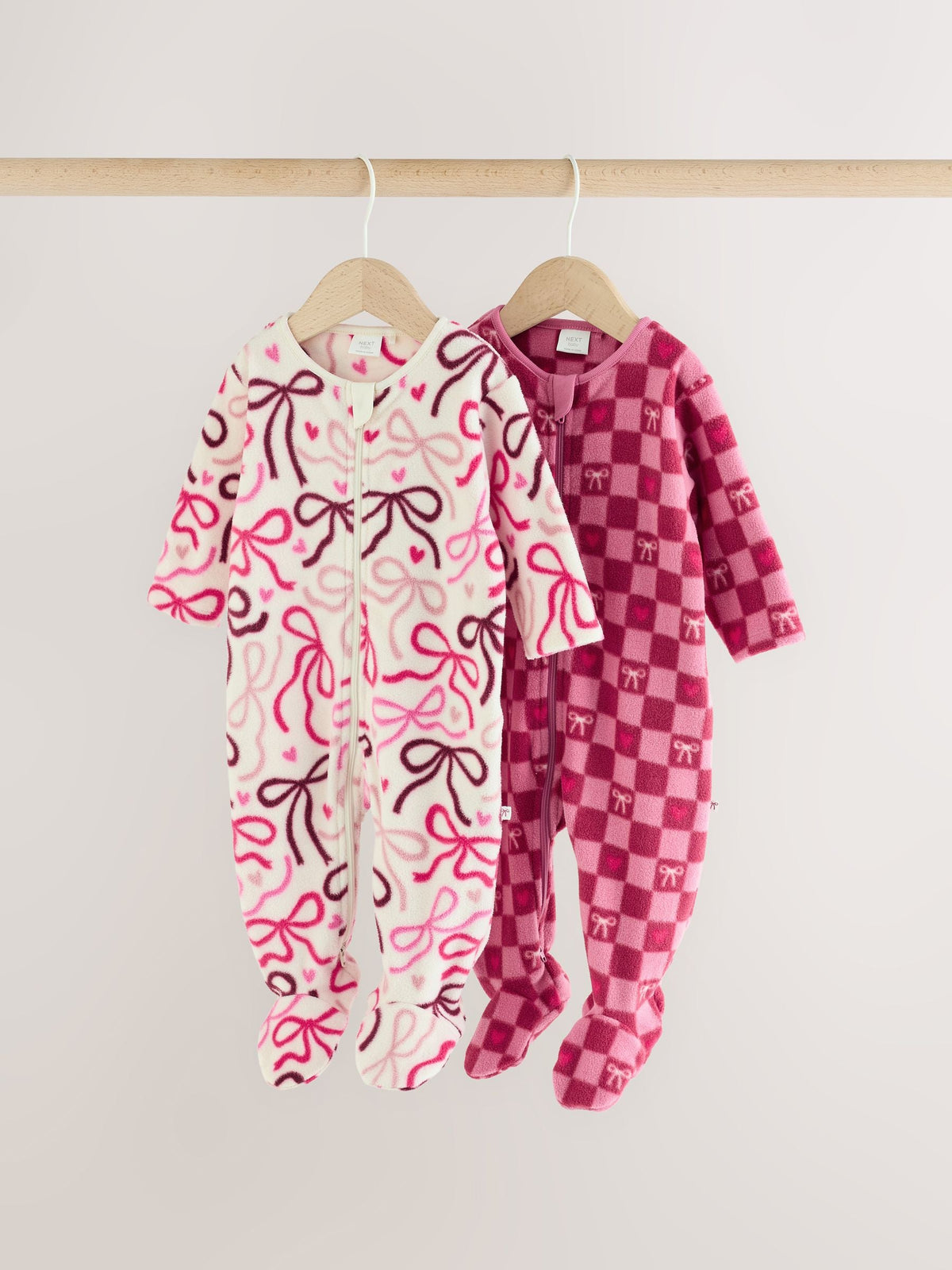 Pink/Red Bow Micro Fleece Two Way Zip Baby Sleepsuits 2 Pack