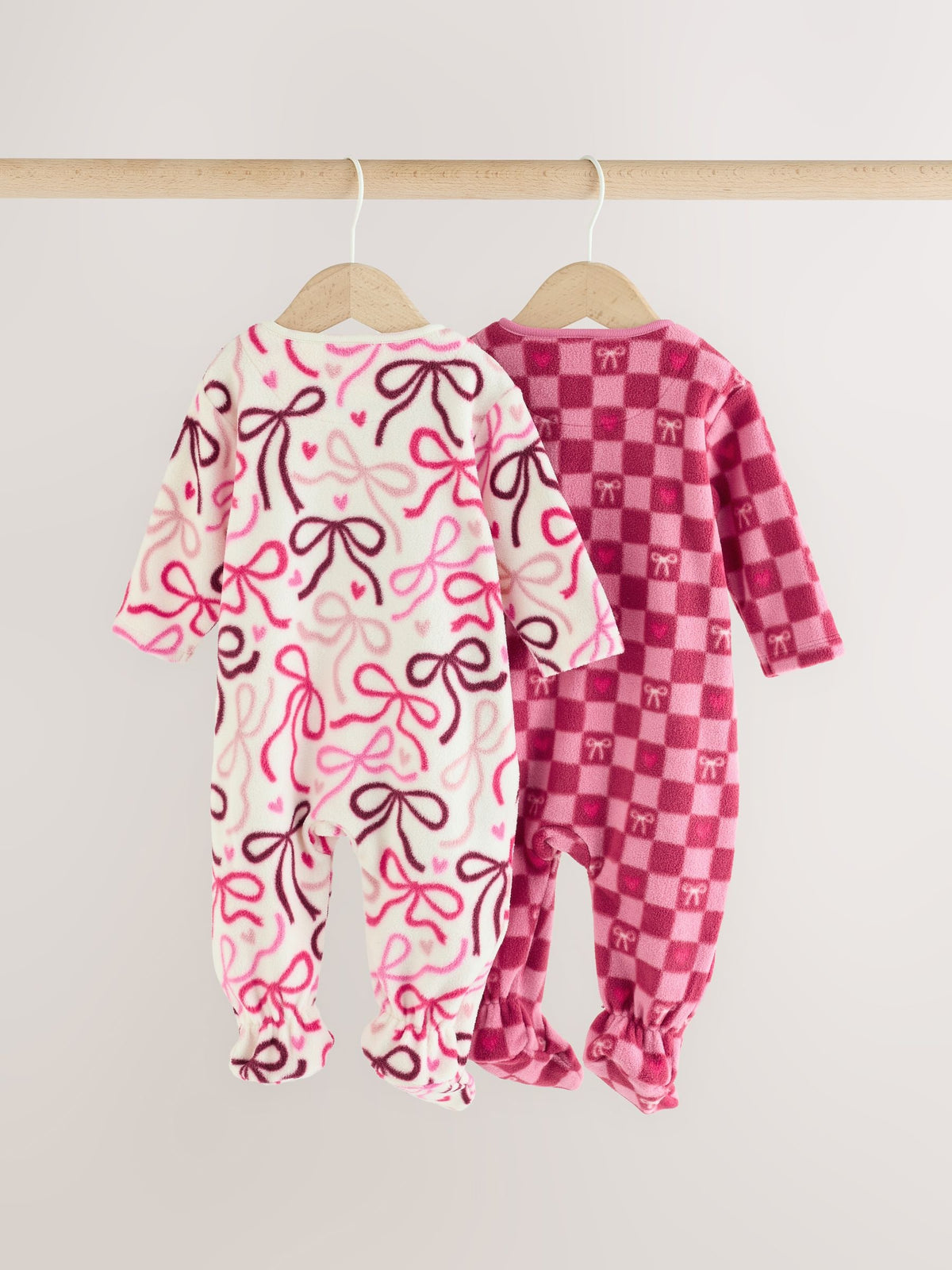 Pink/Red Bow Micro Fleece Two Way Zip Baby Sleepsuits 2 Pack
