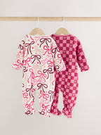 Pink/Red Bow Micro Fleece Two Way Zip Baby Sleepsuits 2 Pack