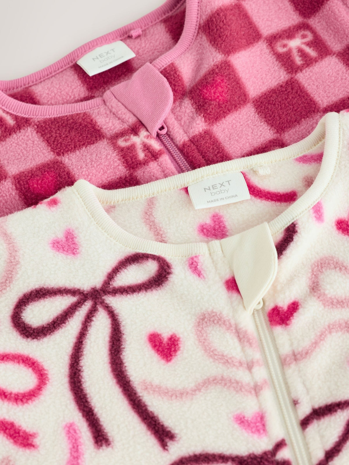 Pink/Red Bow Micro Fleece Two Way Zip Baby Sleepsuits 2 Pack
