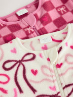 Pink/Red Bow Micro Fleece Two Way Zip Baby Sleepsuits 2 Pack