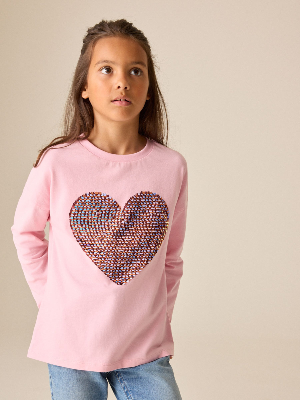 Pink Long Sleeve Sequin Heart Top (3-16yrs)