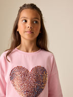 Pink Long Sleeve Sequin Heart Top (3-16yrs)