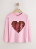 Pink Long Sleeve Sequin Heart Top (3-16yrs)
