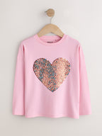 Pink Long Sleeve Sequin Heart Top (3-16yrs)