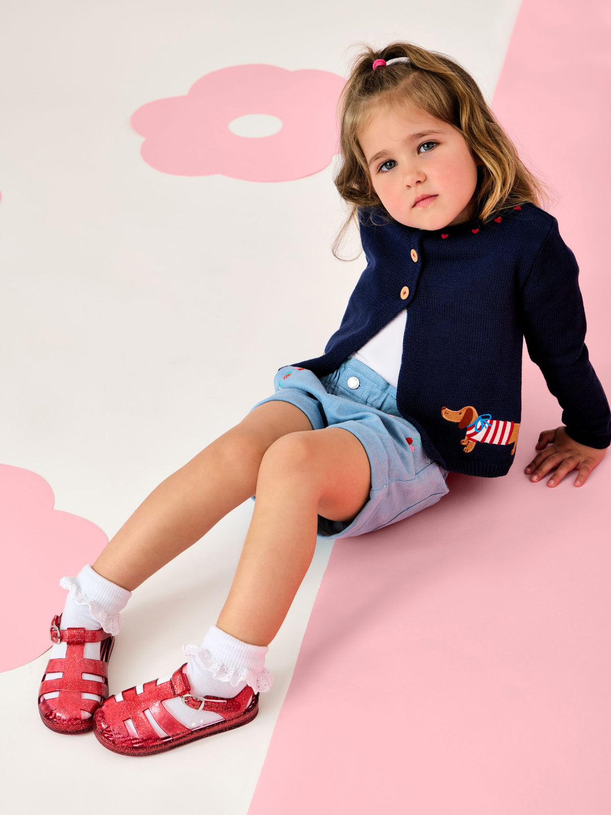 JoJo Maman Bébé Navy Blue Sausage Dog Appliqué Cotton Cardigan