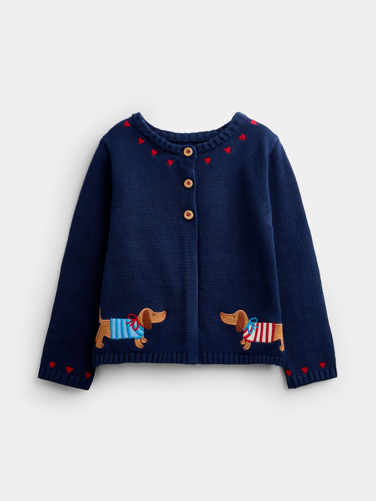 JoJo Maman Bébé Navy Blue Sausage Dog Appliqué Cotton Cardigan