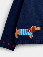 JoJo Maman Bébé Navy Blue Sausage Dog Appliqué Cotton Cardigan