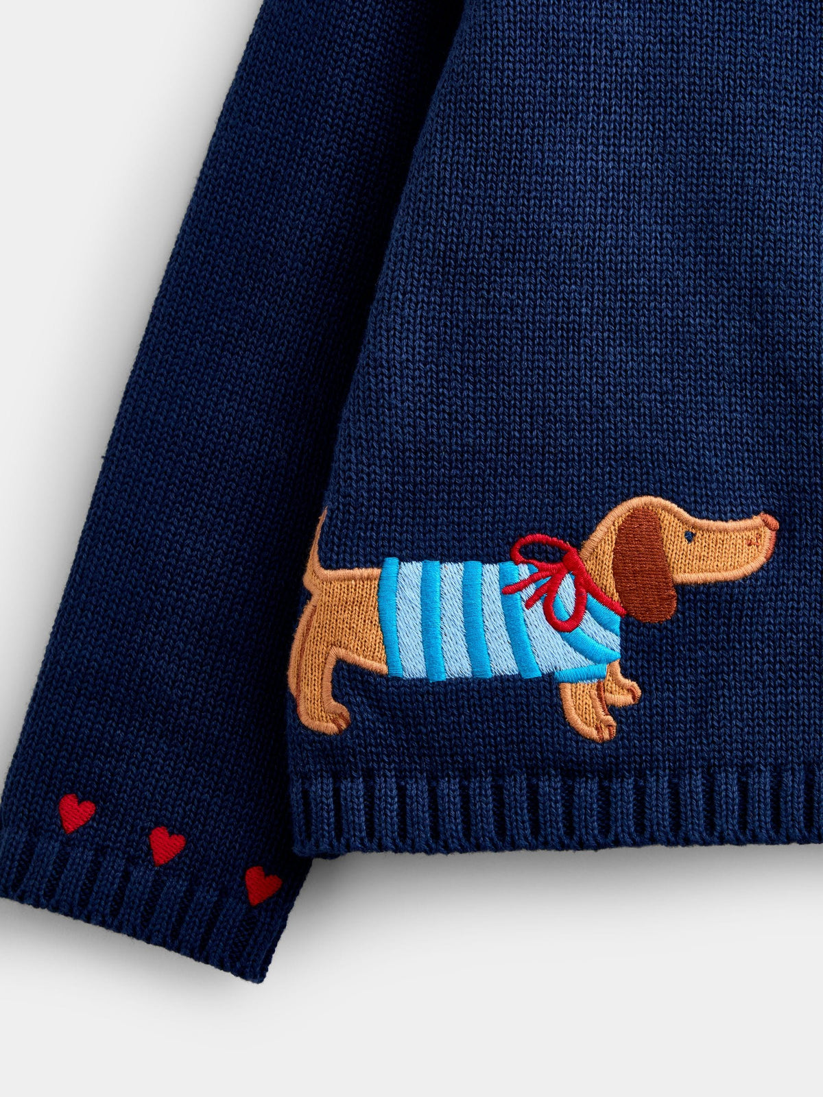 JoJo Maman Bébé Navy Blue Sausage Dog Appliqué Cotton Cardigan
