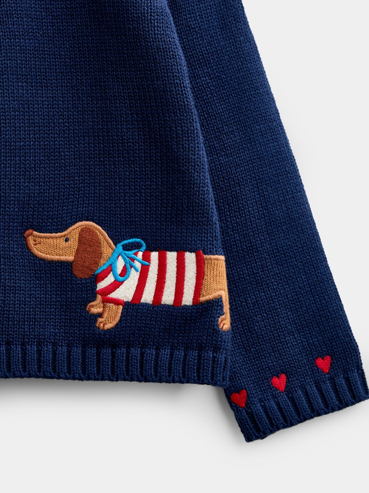 JoJo Maman Bébé Navy Blue Sausage Dog Appliqué Cotton Cardigan