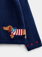 JoJo Maman Bébé Navy Blue Sausage Dog Appliqué Cotton Cardigan