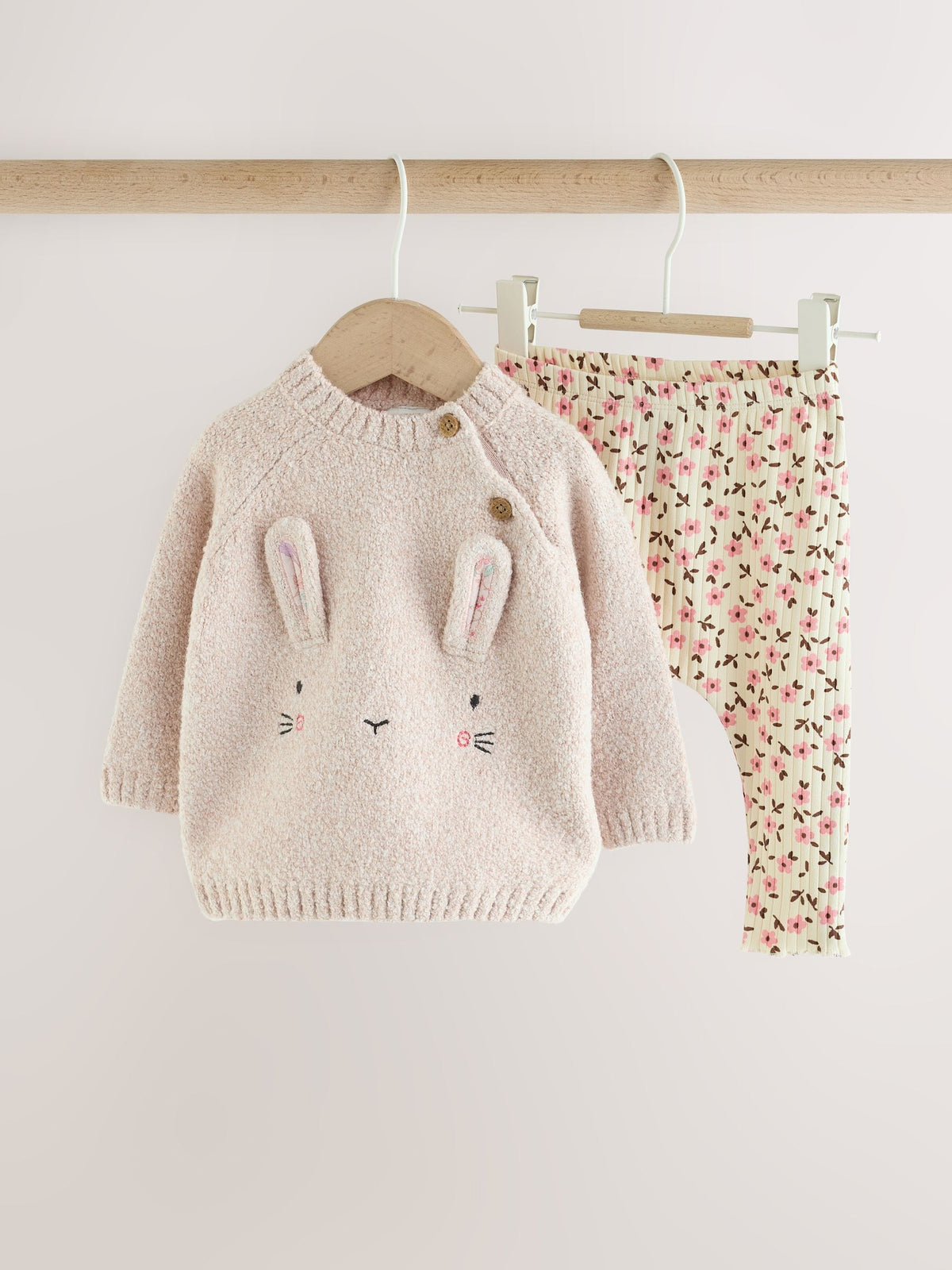 Ecru Bunny Knitted Jumper and Floral Leggings Baby Set 2 Piece (0mths-2yrs)
