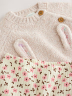 Ecru Bunny Knitted Jumper and Floral Leggings Baby Set 2 Piece (0mths-2yrs)