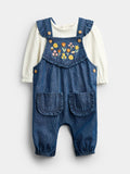 JoJo Maman Bébé Chambray Blue Floral Embroidered Dungaree Set