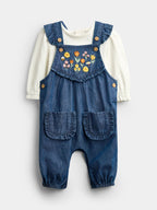 JoJo Maman Bébé Chambray Blue Floral Embroidered Dungaree Set
