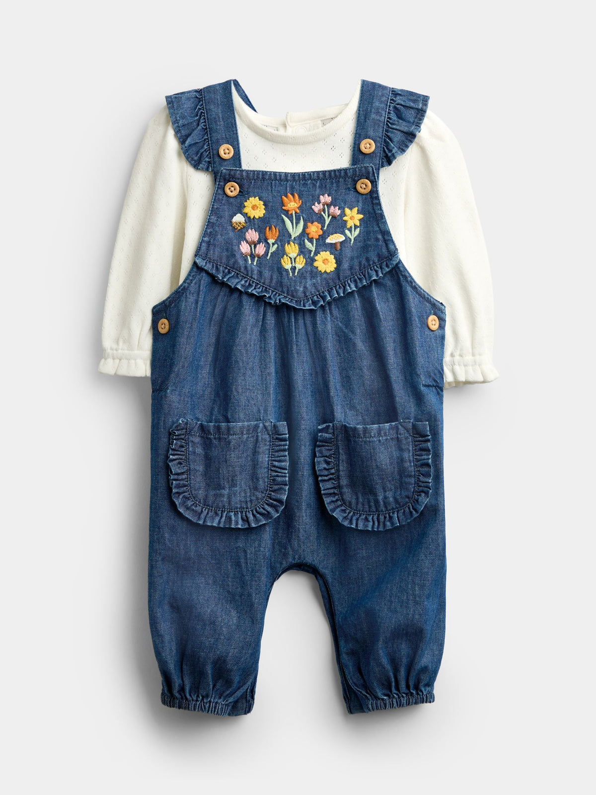 JoJo Maman Bébé Chambray Blue Floral Embroidered Dungaree Set