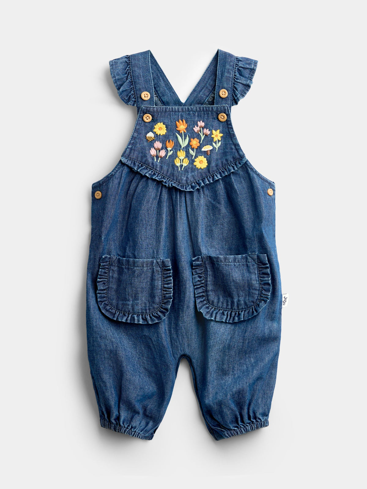 JoJo Maman Bébé Chambray Blue Floral Embroidered Dungaree Set