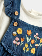 JoJo Maman Bébé Chambray Blue Floral Embroidered Dungaree Set