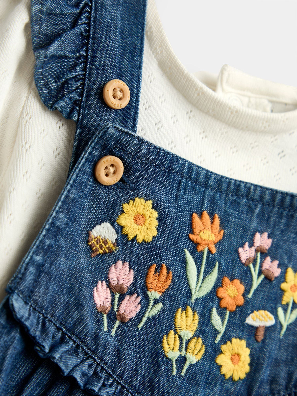JoJo Maman Bébé Chambray Blue Floral Embroidered Dungaree Set