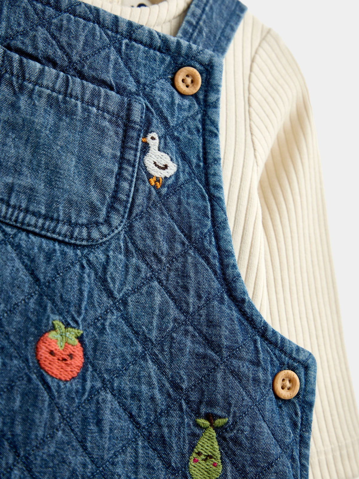 JoJo Maman Bébé Denim Vegetable Embroidered Quilted Dungaree Set