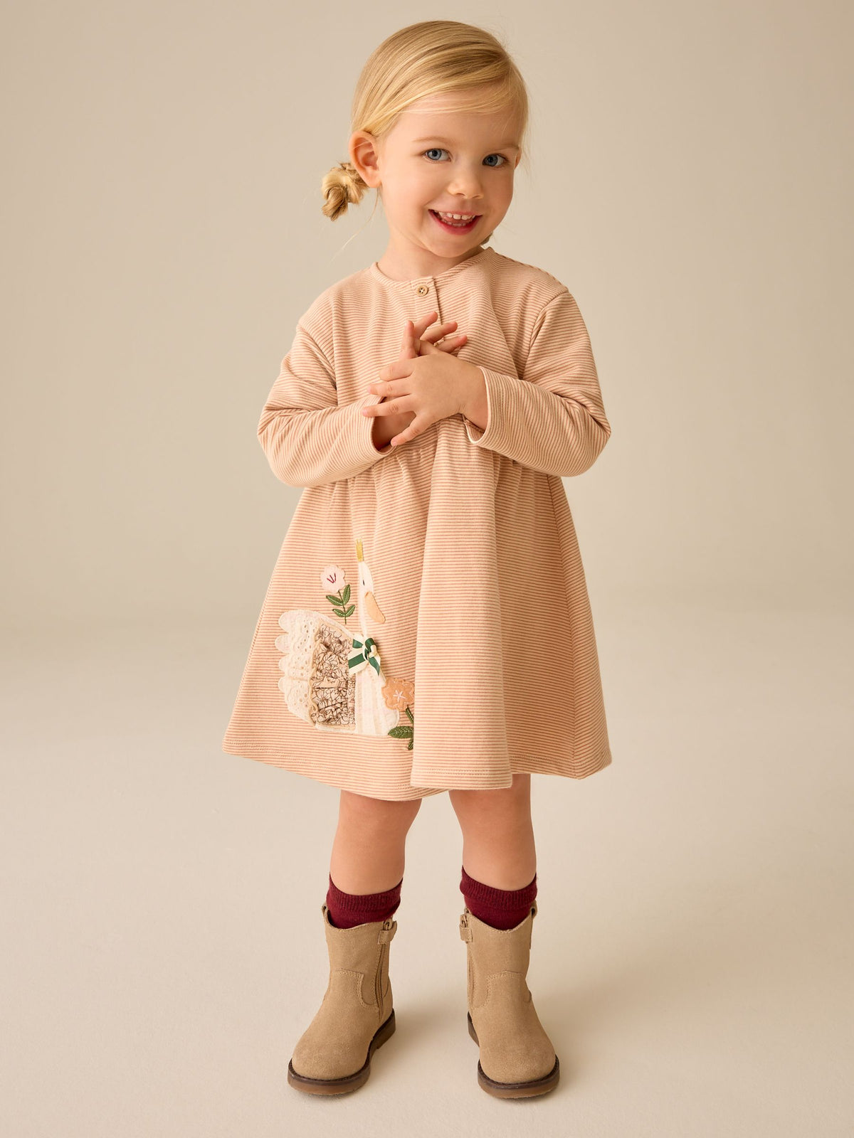 Ecru Embroidered Swan Long Sleeve Dress (3mths-7yrs)
