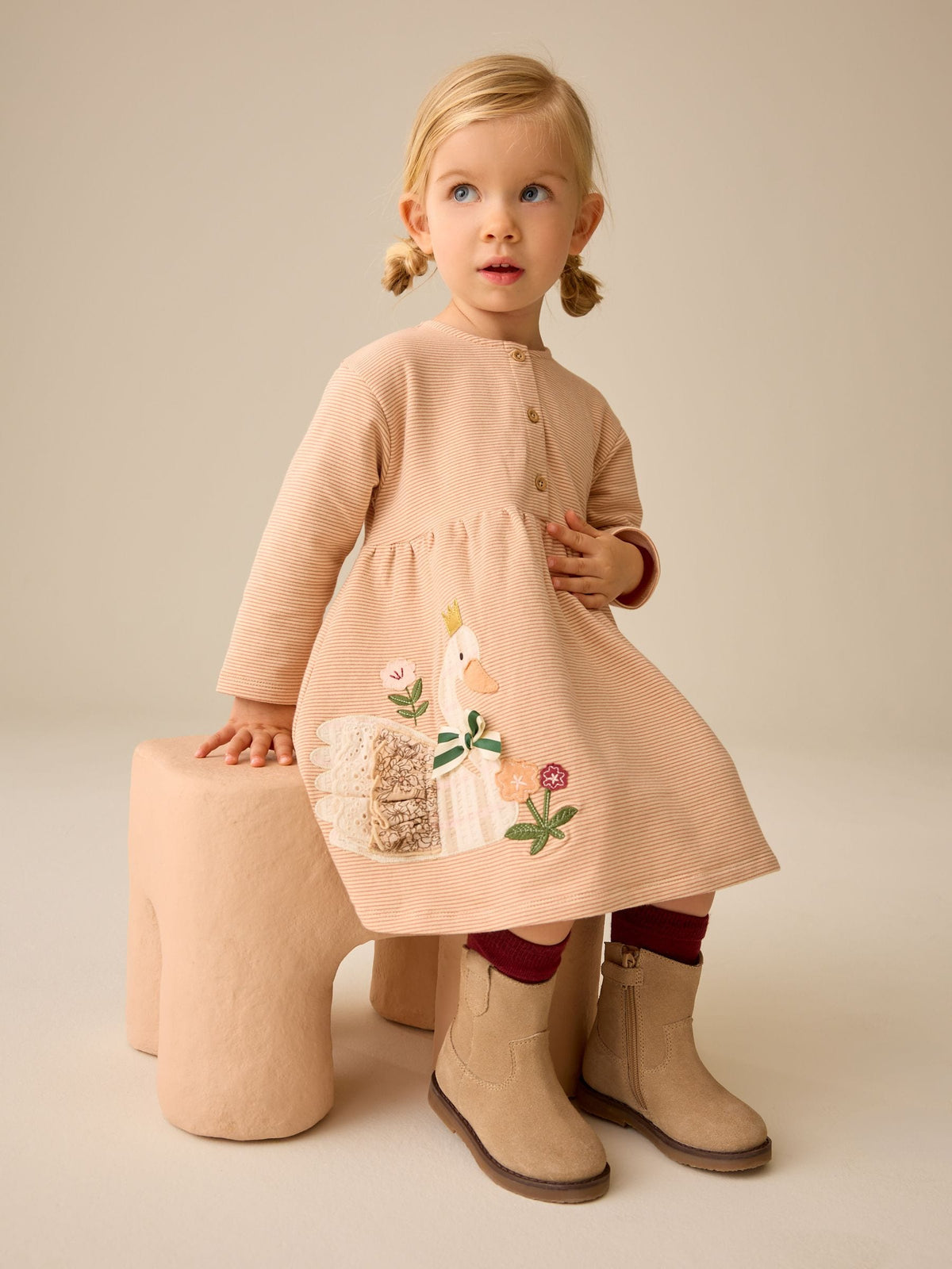 Ecru Embroidered Swan Long Sleeve Dress (3mths-7yrs)