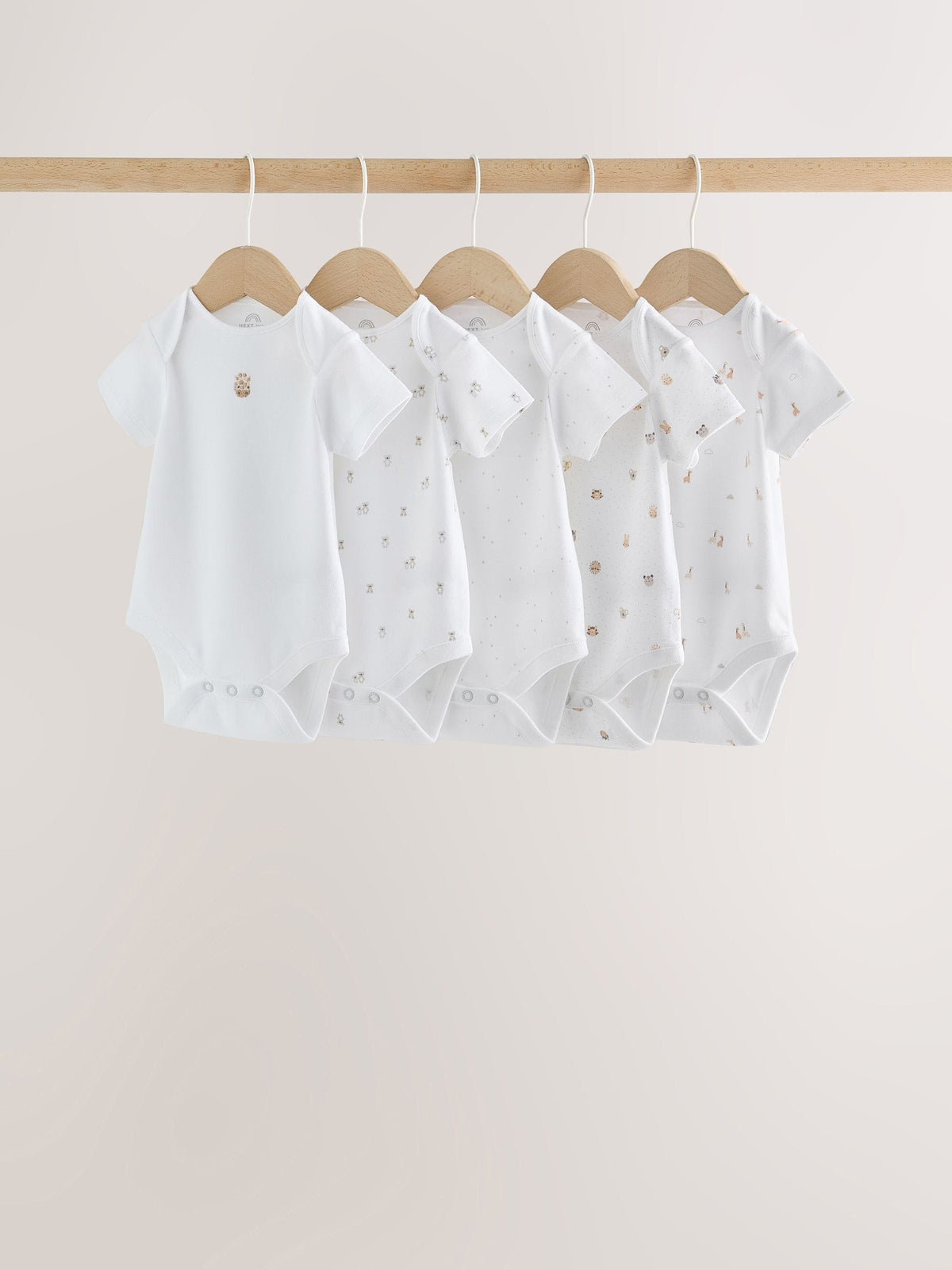 White Mini Safari Animals Short Sleeve Baby Bodysuits 5 Pack