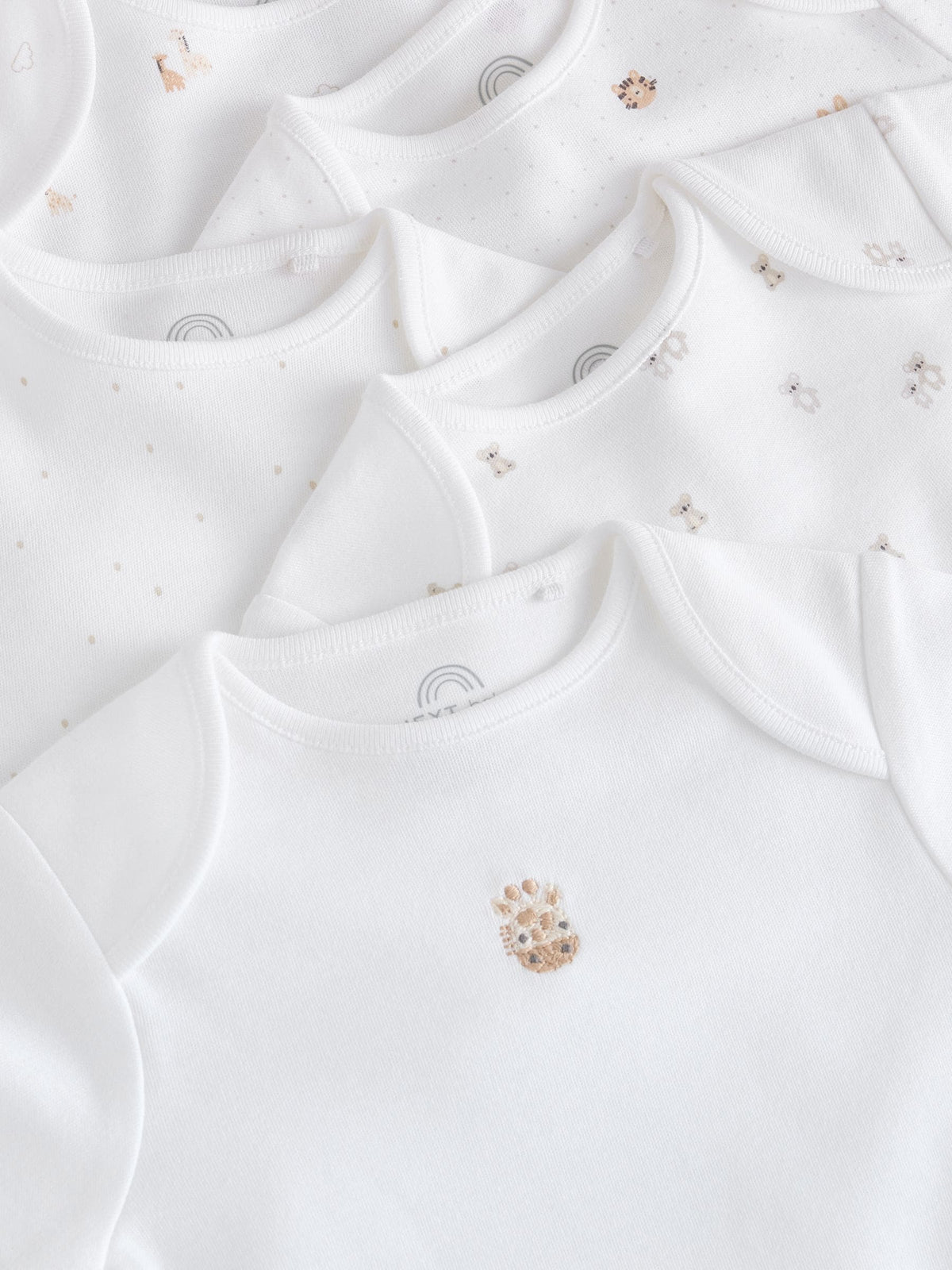 White Mini Safari Animals Short Sleeve Baby Bodysuits 5 Pack