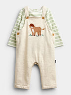 JoJo Maman Bébé Oat Marl Highland Cow Appliqué Dungaree Set