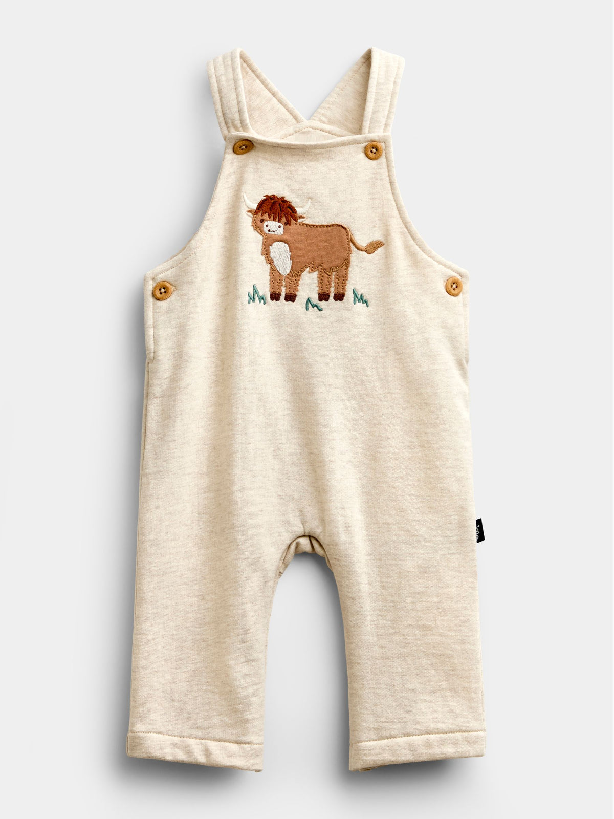 JoJo Maman Bébé Oat Marl Highland Cow Appliqué Dungaree Set