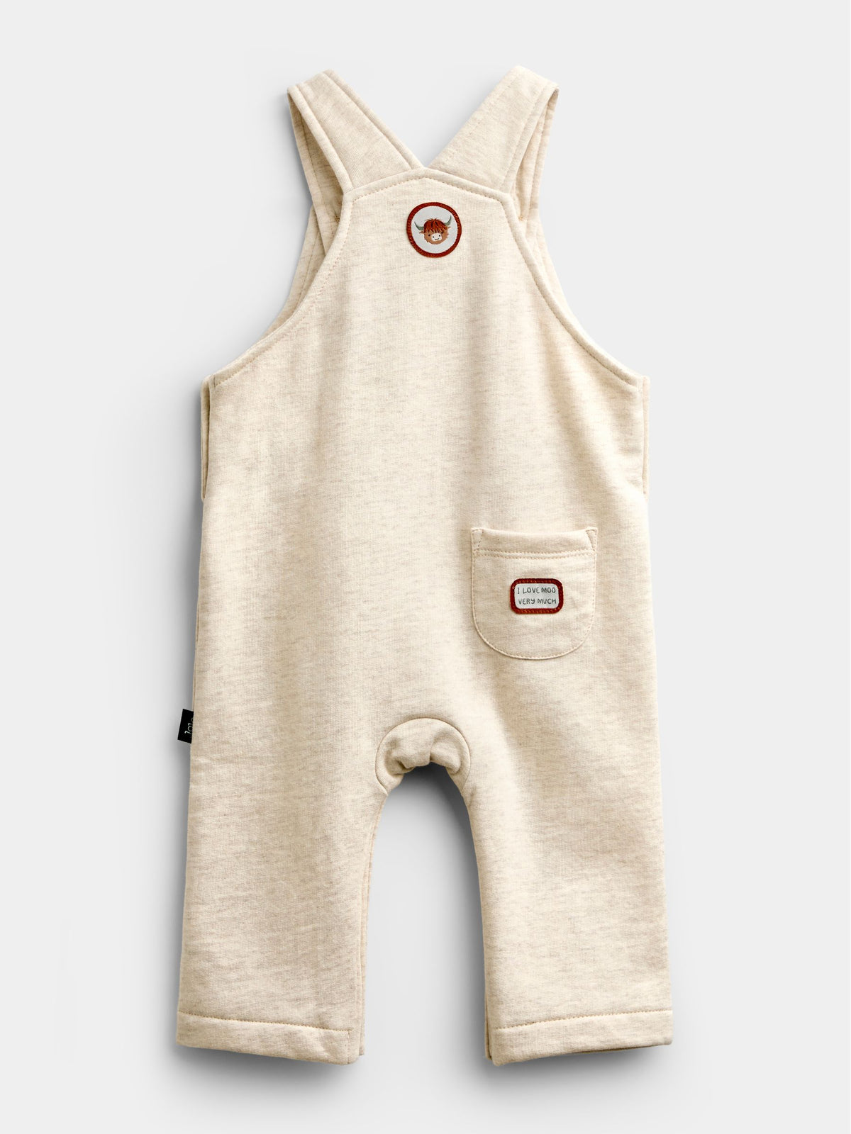 JoJo Maman Bébé Oat Marl Highland Cow Appliqué Dungaree Set