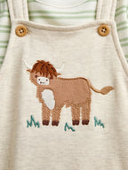 JoJo Maman Bébé Oat Marl Highland Cow Appliqué Dungaree Set