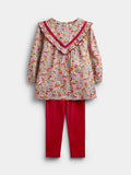 JoJo Maman Bébé Burgundy Red Floral Frill Top & Rib Legging Set