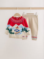 Neutral/Red Bear Ski Scene Baby Knitted Jumper and Leggings Set (0mths-2yrs)