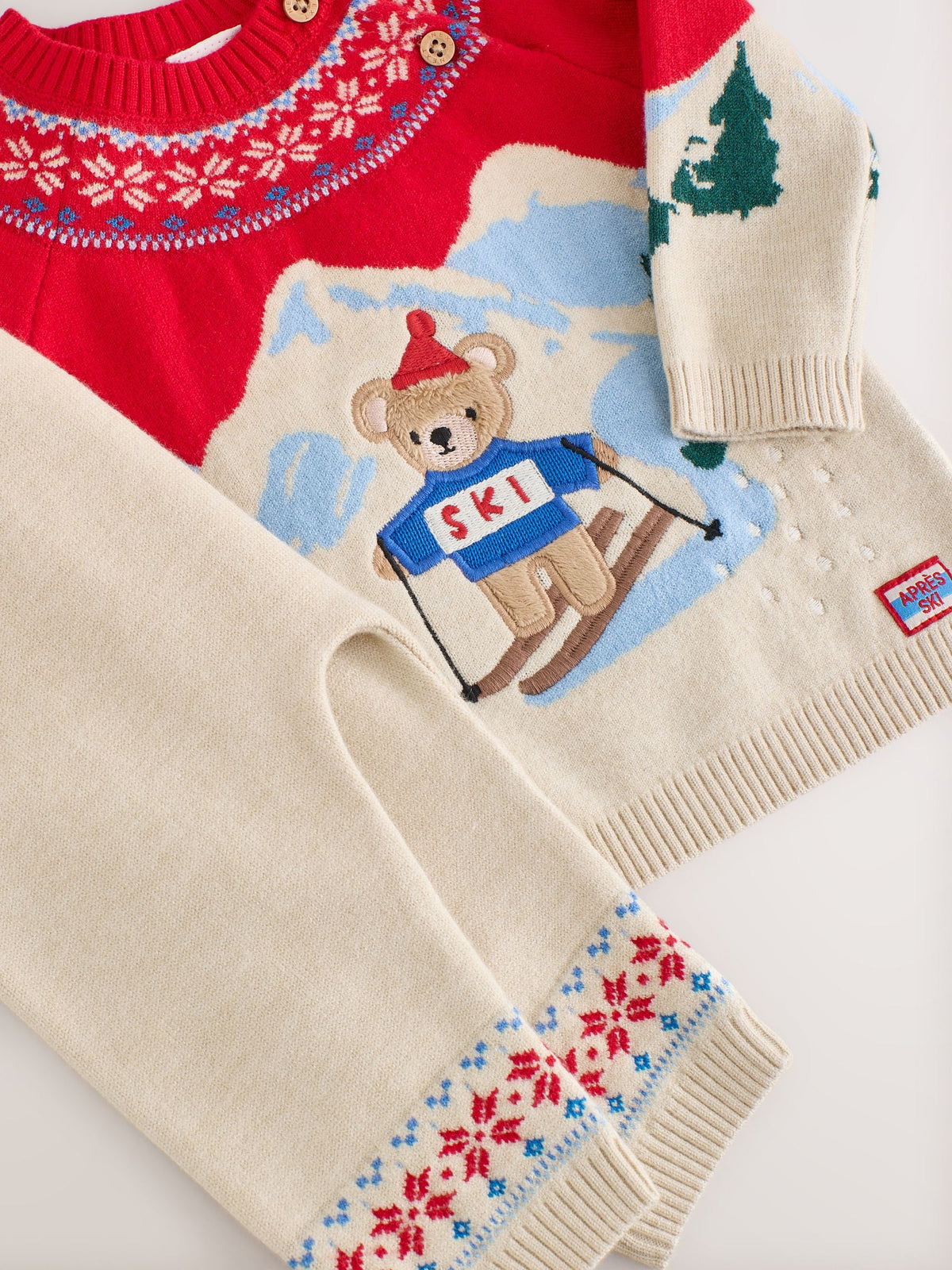 Neutral/Red Bear Ski Scene Baby Knitted Jumper and Leggings Set (0mths-2yrs)
