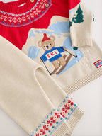 Neutral/Red Bear Ski Scene Baby Knitted Jumper and Leggings Set (0mths-2yrs)