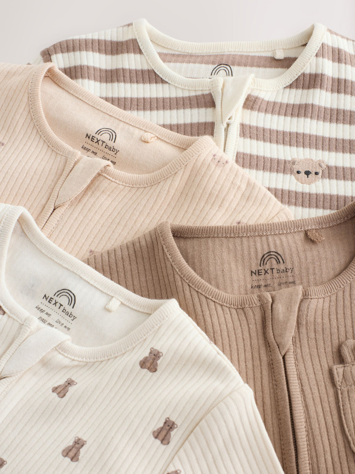 Neutral Brown Bear Two Way Zip Baby Sleepsuits 4 Pack (0mths-2yrs)
