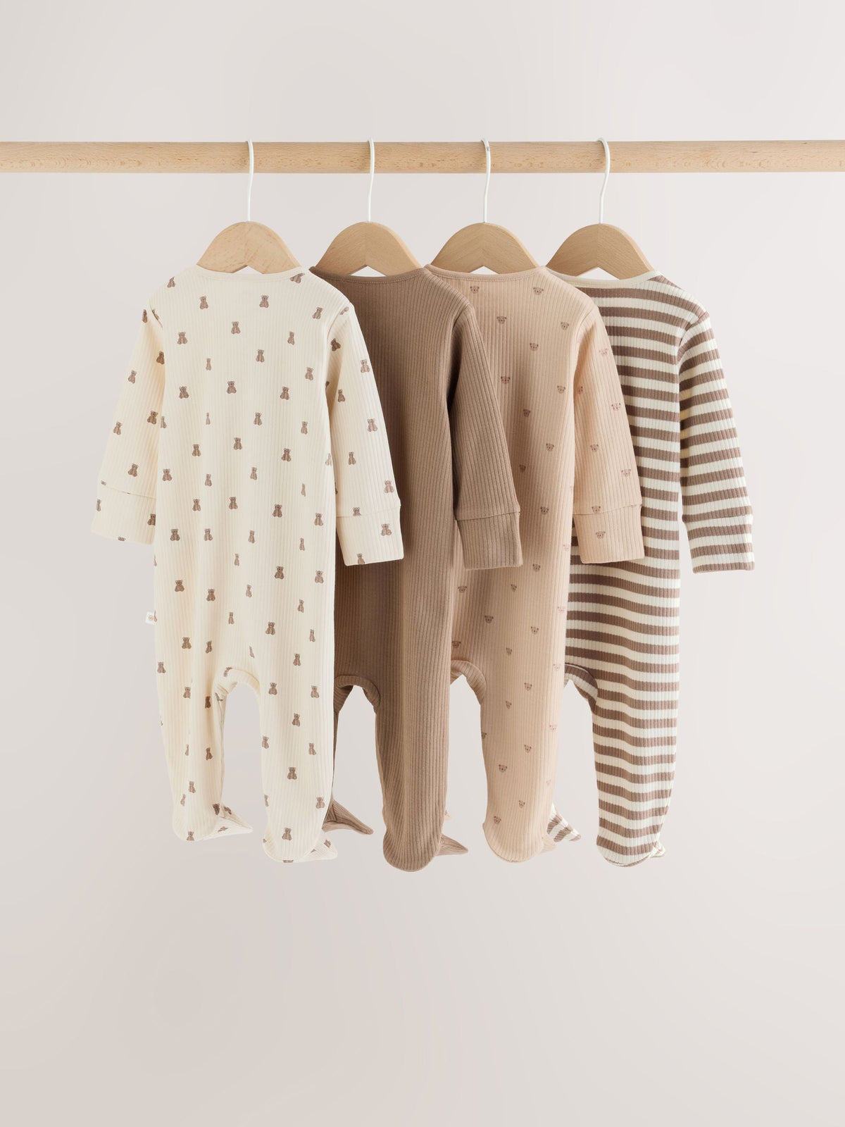 Neutral Brown Bear Two Way Zip Baby Sleepsuits 4 Pack (0mths-2yrs)