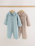 Blue/Neutral Long Sleeve Collared Baby Rompers 2 Pack