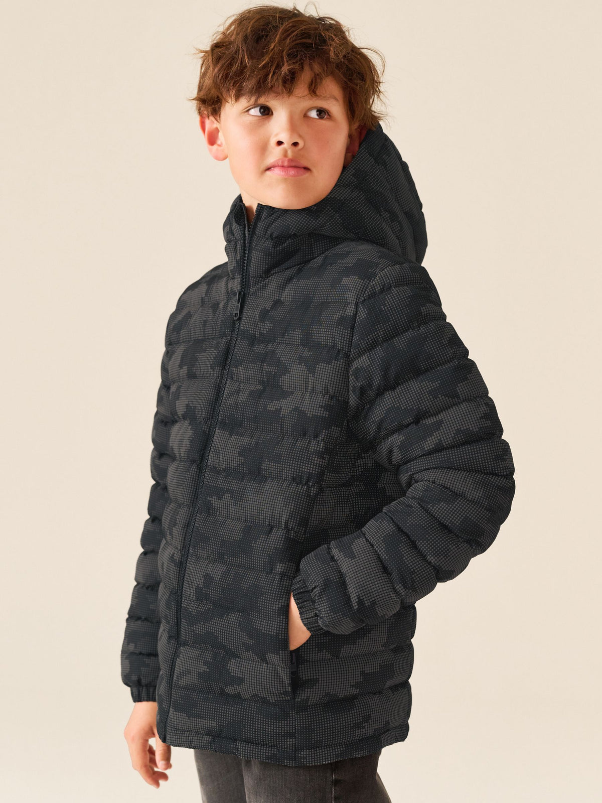 Grey Reflective Quilted Midweight Hooded Jacket (3-17yrs)