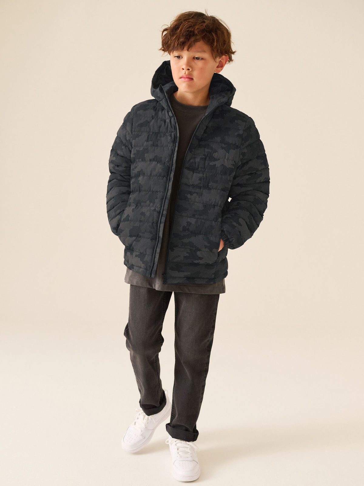 Grey Reflective Quilted Midweight Hooded Jacket (3-17yrs)
