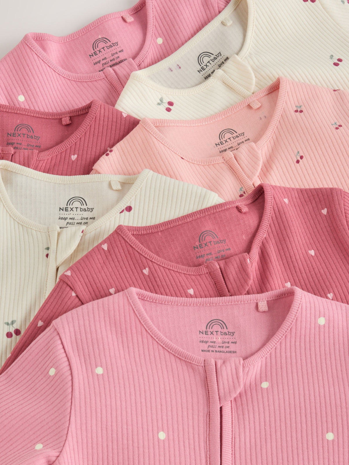 Pink Cherry Print 7 Pack Two Way Zip Baby Sleepsuits (0mths-3yrs)