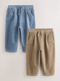 Blue/Stone Wide Fit Textured Corduroy Trousers 2 Pack (3mths-7yrs)