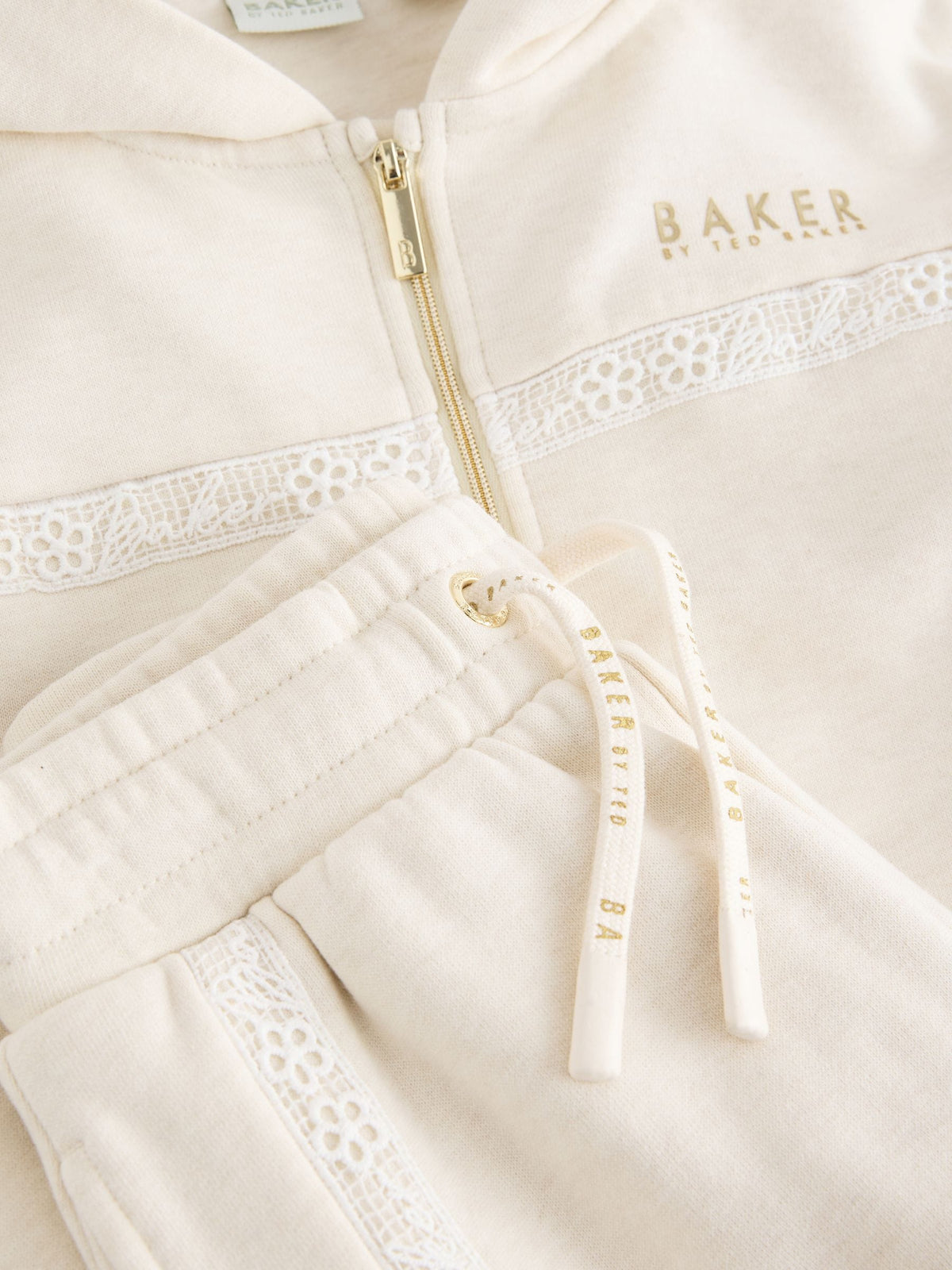 Baker by Ted Baker Cream 2 Piece Marl Lace Trim Zip-Through Hoodie & Joggers Set
