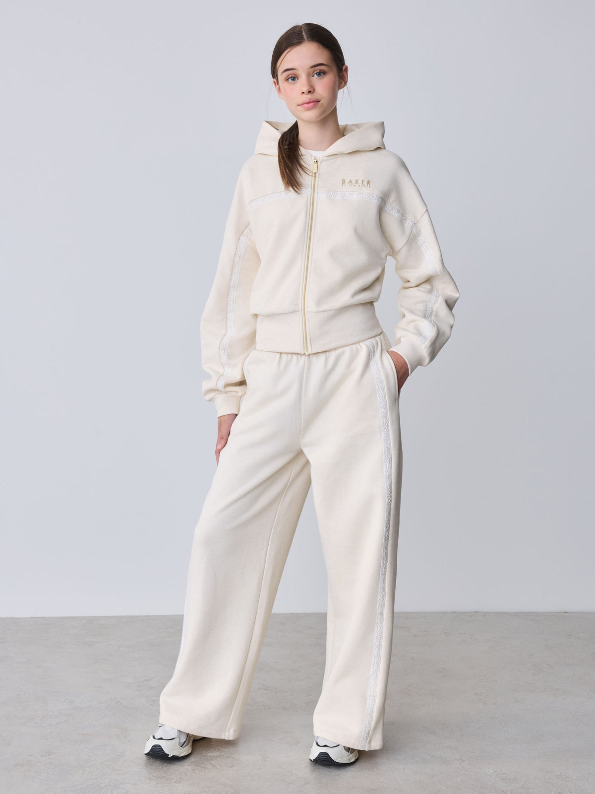 Baker by Ted Baker Cream 2 Piece Marl Lace Trim Zip-Through Hoodie & Joggers Set