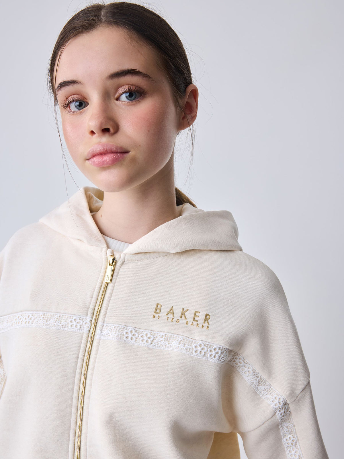 Baker by Ted Baker Cream 2 Piece Marl Lace Trim Zip-Through Hoodie & Joggers Set
