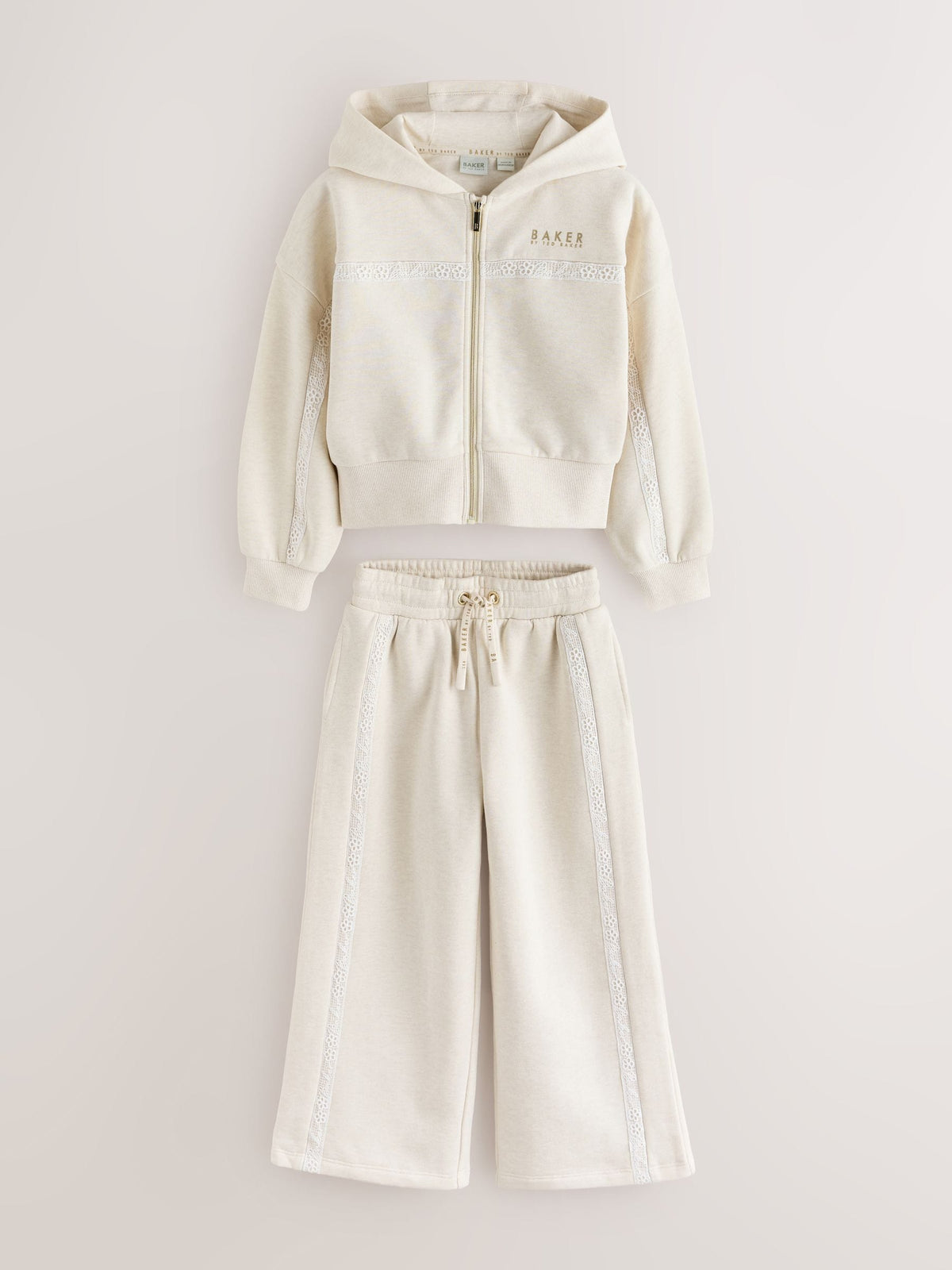 Baker by Ted Baker Cream 2 Piece Marl Lace Trim Zip-Through Hoodie & Joggers Set