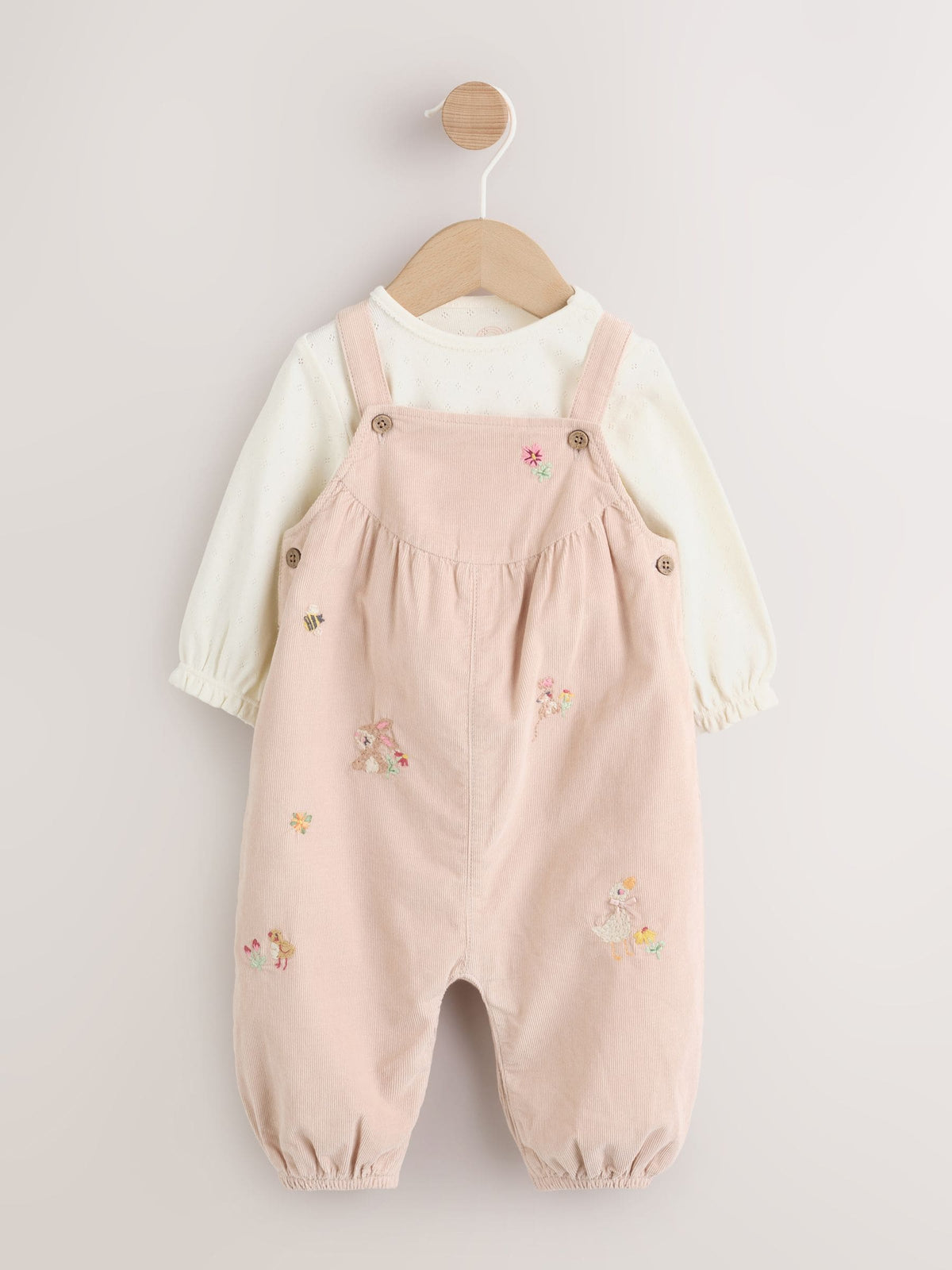 Ecru Bunny Baby Cord Dungarees And Long Sleeve Bodysuits 2 Piece Set (0mths-2yrs)