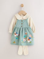 Teal Blue Baby Pinafore Bodysuit And Tights 3 Piece Set (0mths-2yrs)