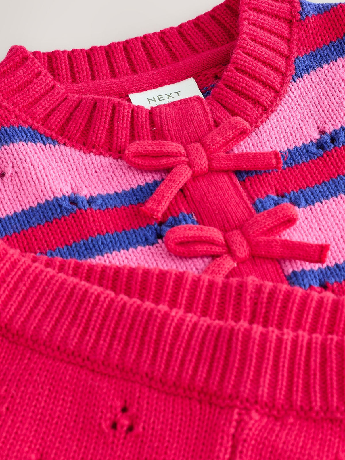 Red Stripe Knitted Bow Cardigan and Leggings Baby 2 Piece Set (0mths-2yrs)